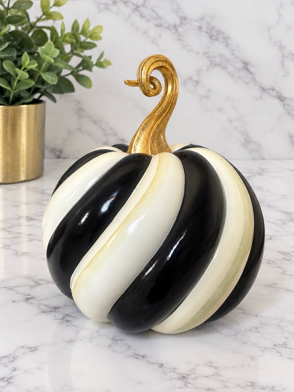 MacKenzie-Childs Swirl Twisted Stem Pumpkin Black White Gold 9”